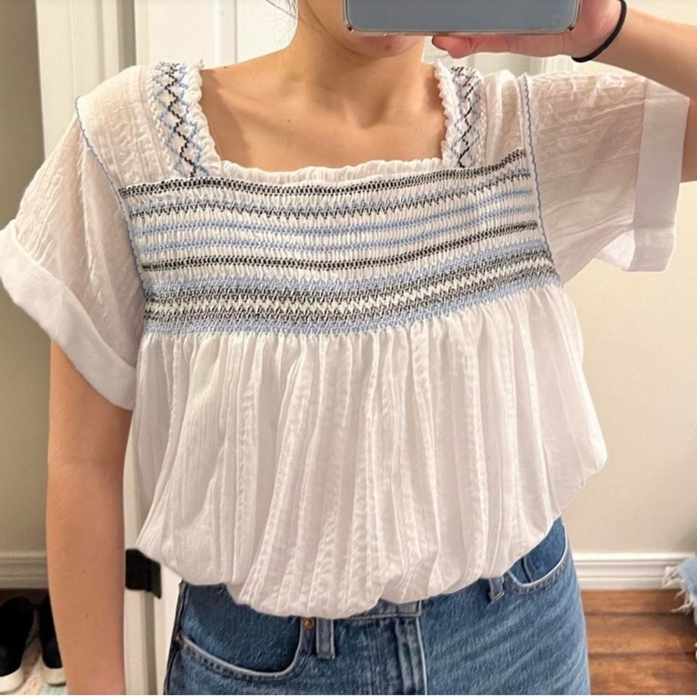 Free People White Blouse with Blue Accents